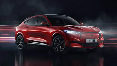 Ford Mach-e, Exterior, Front Side, Headlights On 