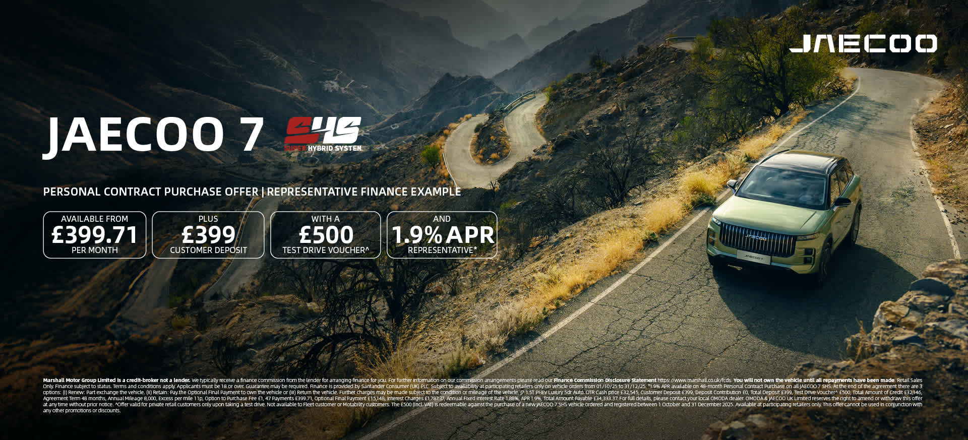 JAECOO SHS Personal Contract Purchase Offer - 1.9% APR Representative*